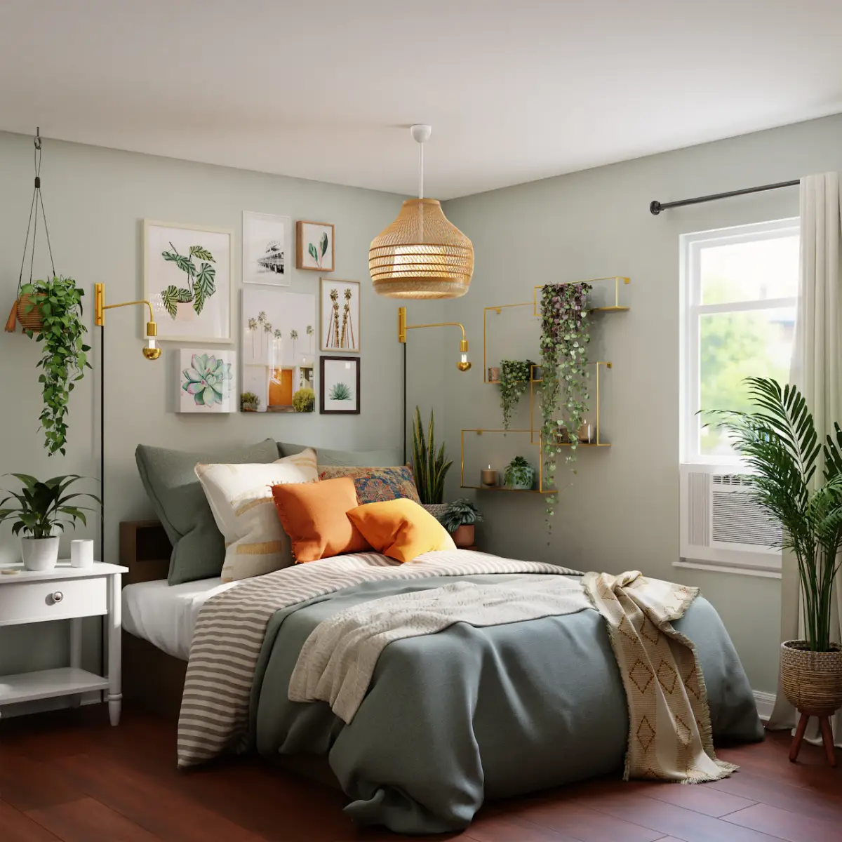Dormitorio con cama doble y textiles claros