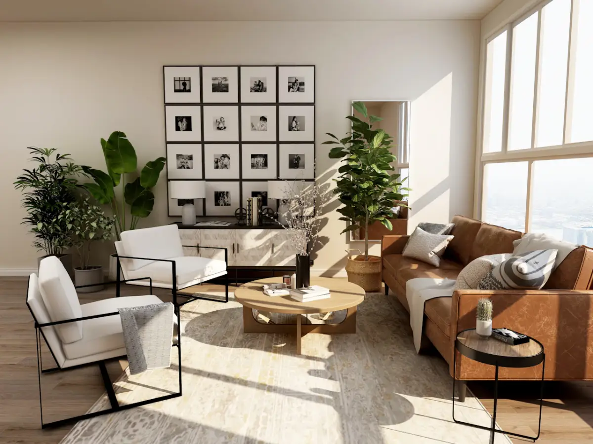 Sala luminosa con sofá, muebles de madera y tonos cálidos